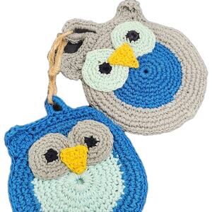 Vtg Handmade Owl Crocheted Cottage Decor Hot Pad Trivets Ornament Birds Grandma